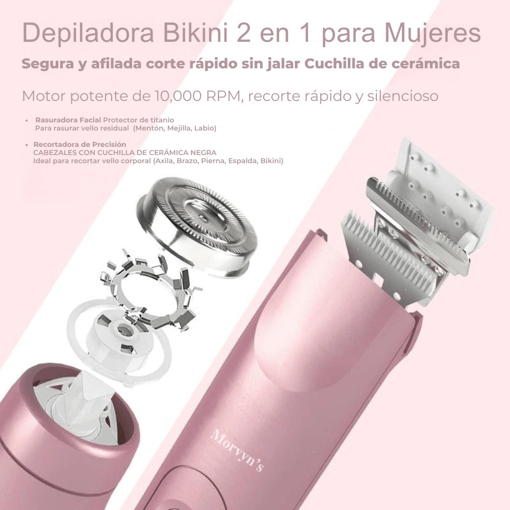 Depiladora Eléctrica 2 en 1 para Mujer – Rostro, Axilas y Bikini, Recargable e Impermeable